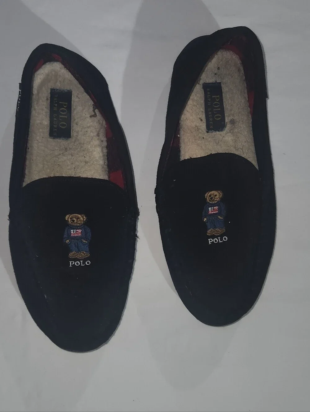 Polo Ralph Lauren Declan Bear Slippers Size 10 Suede Moccasin Plaid Lined